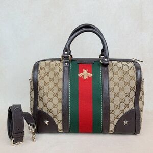 Gucci GG Monogram Canvas Bee Web Boston Bag Leather Trim